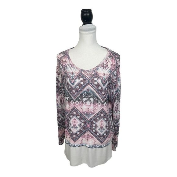 Kiara Multicolor Blouse Size L Chiffon Knit Overlay Aztec Print Long Sleeves Top - Picture 7 of 10